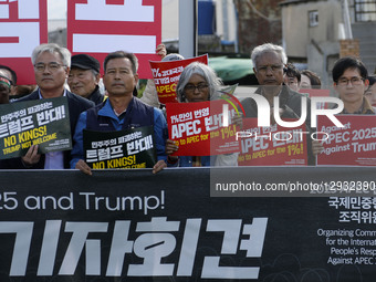 Protesters hold picket signs and slogans during an anti-APEC Cooperation rally near HICO in Gyeongju, South Korea, on November 1, 2025. The... by Seung-il Ryu/NurPhoto