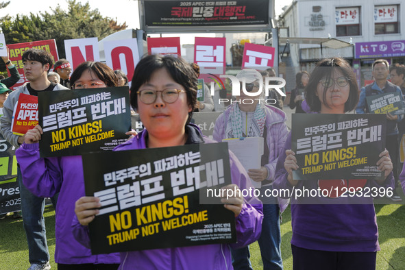 Protesters hold picket signs and slogans during an anti-APEC Cooperation rally near HICO in Gyeongju, South Korea, on November 1, 2025. The... by Seung-il Ryu/NurPhoto