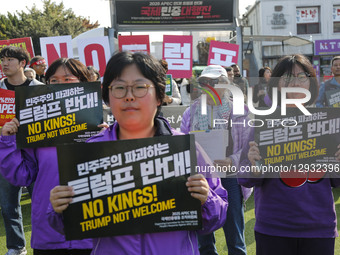 Protesters hold picket signs and slogans during an anti-APEC Cooperation rally near HICO in Gyeongju, South Korea, on November 1, 2025. The... by Seung-il Ryu/NurPhoto