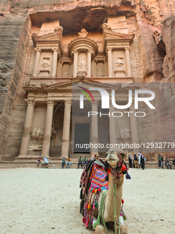 PETRA, JORDAN – OCTOBER 26:
A camel sits near Al-Khazneh (the Treasury), the most iconic monument of the ancient Nabataean city of Petra, in... by STR/NurPhoto