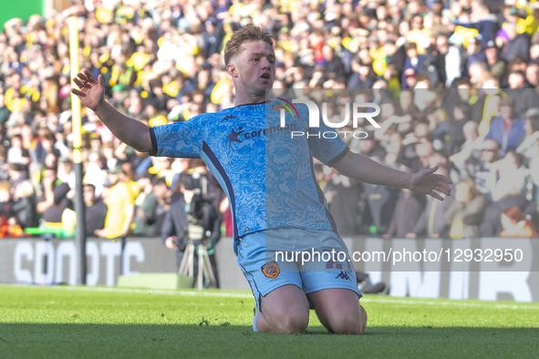 Joe Gelhardt of Hull City celebrates scoring his team's first goal during the Sky Bet Championship match between Norwich City and Hull City... by MI News/NurPhoto