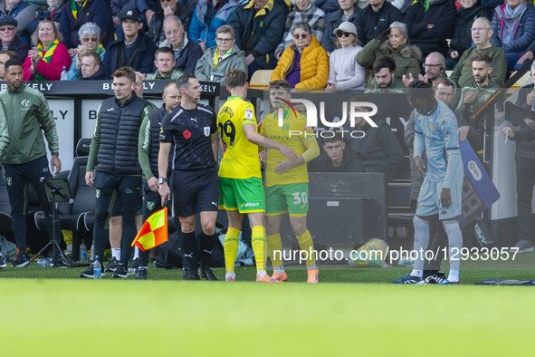 Mathias Kvistgaarden of Norwich City comes on as a substitute for Oscar Schwartau of Norwich City during the Sky Bet Championship match betw... by MI News/NurPhoto