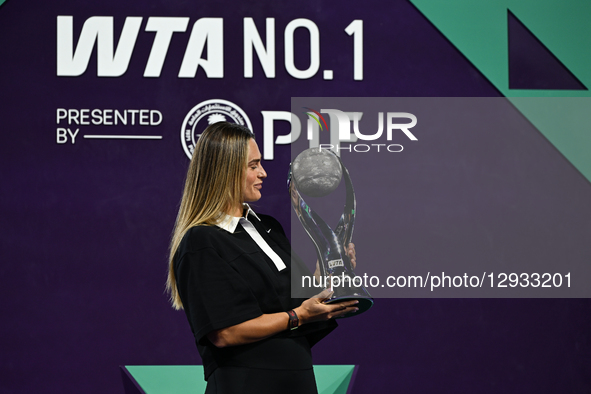 RIYADH, SAUDI ARABIA – NOVEMBER 1, 2025:
Aryna Sabalenka receives a special trophy for securing the year-end No. 1 WTA ranking after a seaso... by STR/NurPhoto