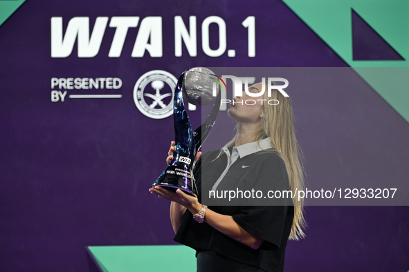 RIYADH, SAUDI ARABIA – NOVEMBER 1, 2025:
Aryna Sabalenka receives a special trophy for securing the year-end No. 1 WTA ranking after a seaso... by STR/NurPhoto