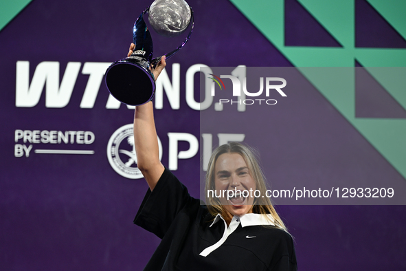 RIYADH, SAUDI ARABIA – NOVEMBER 1, 2025:
Aryna Sabalenka receives a special trophy for securing the year-end No. 1 WTA ranking after a seaso... by STR/NurPhoto
