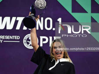 RIYADH, SAUDI ARABIA – NOVEMBER 1, 2025:
Aryna Sabalenka receives a special trophy for securing the year-end No. 1 WTA ranking after a seaso... by STR/NurPhoto