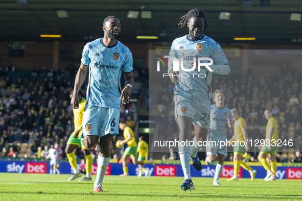 Darko Gyabi of Hull City celebrates scoring his team's second goal with Semi Ajayi of Hull City during the Sky Bet Championship match betwee... by MI News/NurPhoto