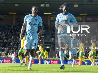 Darko Gyabi of Hull City celebrates scoring his team's second goal with Semi Ajayi of Hull City during the Sky Bet Championship match betwee... by MI News/NurPhoto