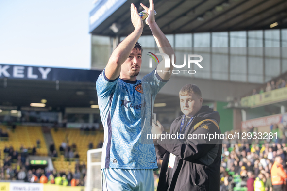Charlie Hughes of Hull City applauds the supporters after the Sky Bet Championship match between Norwich City and Hull City at Carrow Road i... by MI News/NurPhoto