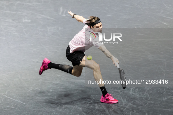 Alexander Bublik (KAZ) plays against Felix Auger-Aliassime (CAN) in the men's singles semi-final match on day six of the Paris ATP Masters 1... by Ibrahim Ezzat/NurPhoto