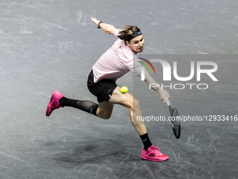Alexander Bublik (KAZ) plays against Felix Auger-Aliassime (CAN) in the men's singles semi-final match on day six of the Paris ATP Masters 1... by Ibrahim Ezzat/NurPhoto