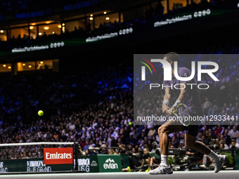 Felix Auger-Aliassime (CAN) plays against Alexander Bublik (KAZ) in the men's singles semi-final match on day six of the Paris ATP Masters 1... by Ibrahim Ezzat/NurPhoto