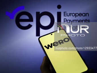 The Wero logo is displayed on a mobile phone with the European Payments Initiative (EPI) in the background, in this photo illustration in Br... by Jonathan Raa/NurPhoto