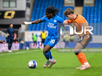 Abraham Odoh of Peterborough United challenges during the Emirates FA Cup First Round match between Peterborough and Cardiff City in Peterbo... by MI News/NurPhoto