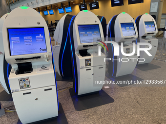 Self-check-in kiosks are at Quebec City Jean Lesage International Airport in Quebec City, Quebec, Canada, on July 22, 2025.  by Creative Touch Imaging Ltd/NurPhoto