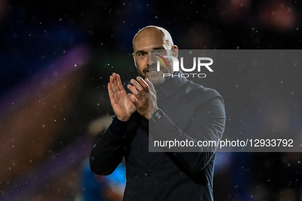 Manager Luke Williams of Peterborough United applauds fans after the final whistle during the Emirates FA Cup First Round match between Pete... by MI News/NurPhoto
