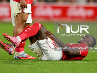 Callum Hudson-Odoi of Nottingham Forest reacts after suffering a knock during the Premier League match between Nottingham Forest and Manches... by MI News/NurPhoto