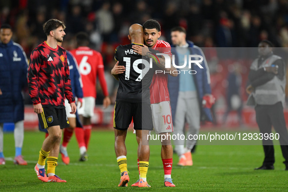 Morgan Gibbs-White of Nottingham Forest embraces Bryan Mbeumo of Manchester United after the final whistle during the Premier League match b... by MI News/NurPhoto