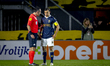 Referee Dennis Higler and Go Ahead Eagles defender Mats Deijl participate in the match bet...