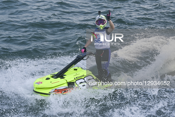 Benedicte Drange of Norway reacts after the MOTO 3, Ski Ladies GP1 of the UIM-ABP Aquabike Class Pro Grand Prix Of Qatar at Mina Corniche, O... by Noushad Thekkayil/NurPhoto