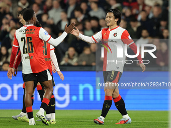 Ayase Ueda of Feyenoord Rotterdam celebrates after scoring the goal with Givairo Read of Feyenoord Rotterdam during the match Feyenoord vs F... by EYE4images/NurPhoto