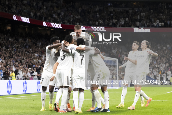 In Madrid, Spain, on November 1, several players of Real Madrid celebrate a goal during the La Liga 2025/26 match between Real Madrid and Va... by Guillermo Martinez/NurPhoto