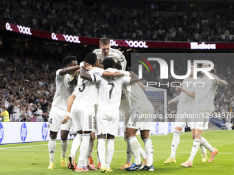 In Madrid, Spain, on November 1, several players of Real Madrid celebrate a goal during the La Liga 2025/26 match between Real Madrid and Va... by Guillermo Martinez/NurPhoto