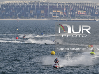 Contestants compete during the MOTO 3, Ski Division GP1 of the UIM-ABP Aquabike Class Pro Grand Prix of Qatar at Mina Corniche, Old Doha Por... by Noushad Thekkayil/NurPhoto