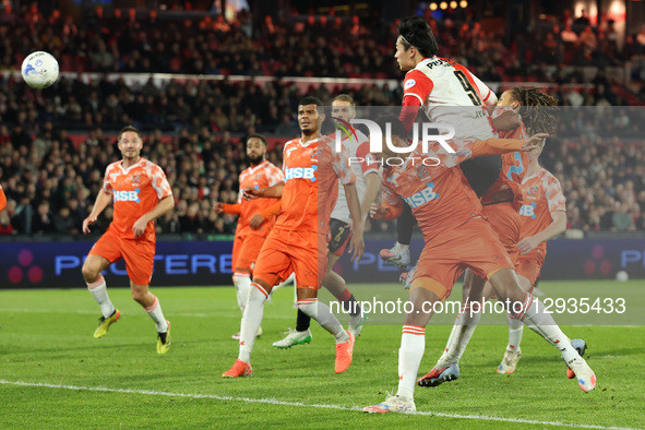 Ayase Ueda of Feyenoord Rotterdam scores a goal during the match between Feyenoord and FC Volendam at De Kuip for the Dutch Vriendenloterij... by EYE4images/NurPhoto