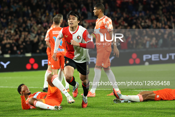 Ayase Ueda of Feyenoord Rotterdam celebrates after scoring the goal during the match between Feyenoord and FC Volendam at De Kuip for the Du... by EYE4images/NurPhoto