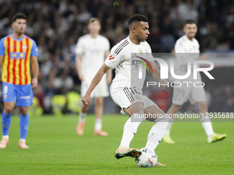 Kylian Mbappe of Real Madrid is in action during the La Liga 2025/26 match between Real Madrid and Valencia at Santiago Bernabeu Stadium in... by Guillermo Martinez/NurPhoto