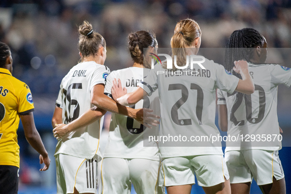 Players of Real Madrid CF women celebrate the goal scored by Sara Daebritz during the Liga F Moeve football match between RCD Espanyol and R...