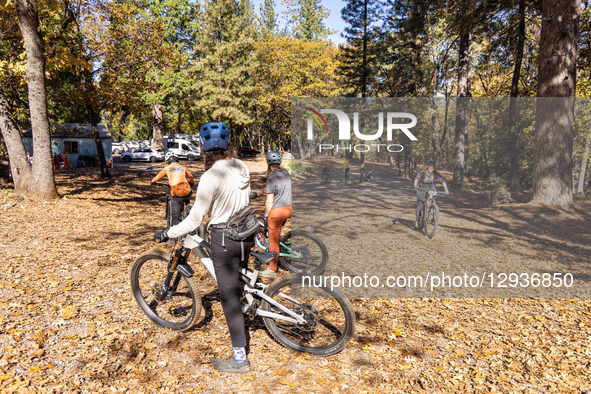Women practice bike handling skills during the 2025 Nevada County Women's Mountain Bike Skills Clinic and Camp in Grass Valley, Calif., on N...
