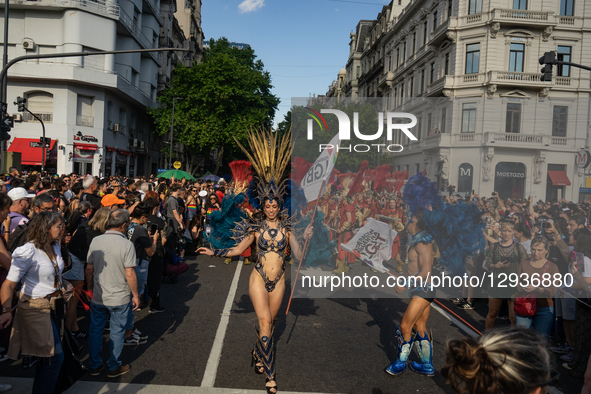 A typical carnival troupe leads the pride march in Buenos Aires, in Buenos Aires, Argentina, on November 1, 2025.  by Guillermo Castro/NurPhoto