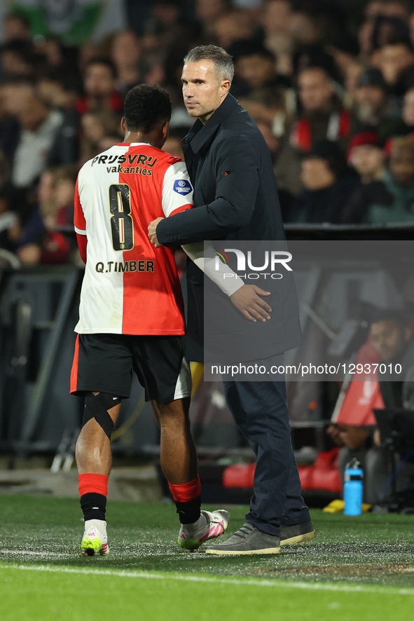 Ayase Ueda of Feyenoord Rotterdam is substituted and shakes hands with Feyenoord Rotterdam trainer Robin van Persie during the match Feyenoo... by EYE4images/NurPhoto