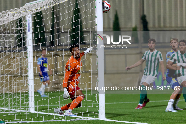 Rashed Al Tumi, goalkeeper of Sliema Wanderers, only observes as the ball hits his right post during the YoHealth Malta Premier League socce... by Domenic Aquilina/NurPhoto