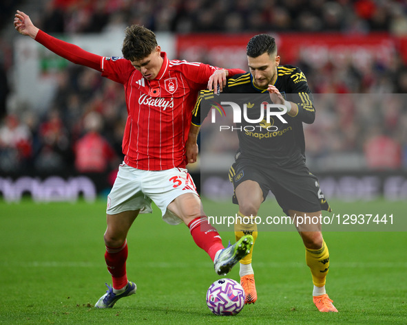 Nicolo Savona of Nottingham Forest battles with Noussair Mazraoui of Manchester United during the Premier League match between Nottingham Fo... by MI News/NurPhoto