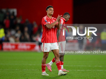 Dan Ndoye of Nottingham Forest applauds his team's supporters during the Premier League match between Nottingham Forest and Manchester Unite... by MI News/NurPhoto