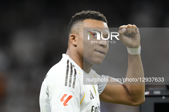 Kylian Mbappe centre-forward of Real Madrid and France celebrates after scoring his sides first goal during the La Liga EA Sports match betw...