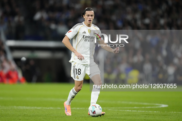 Alvaro Carreras left-back of Real Madrid and Spain during the La Liga EA Sports match between Real Madrid CF and Valencia CF at Estadio Sant...