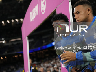 Kylian Mbappe centre-forward of Real Madrid and France and Vinicius Junior left winger of Real Madrid and Brazil during the warm-up before t... by Jose Breton/NurPhoto