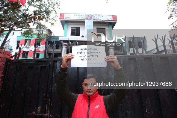 Members of the Congress Reform Campaign (Under-40) stage a protest outside the Nepali Congress headquarters in Lalitpur, Nepal, on November... by Sanjit Pariyar/NurPhoto