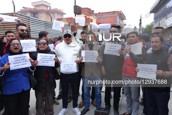 Members of the Congress Reform Campaign (Under-40) stage a protest outside the Nepali Congress headquarters in Lalitpur, Nepal, on November... by Sanjit Pariyar/NurPhoto