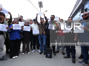 Members of the Congress Reform Campaign (Under-40) stage a protest outside the Nepali Congress headquarters in Lalitpur, Nepal, on November... by Sanjit Pariyar/NurPhoto