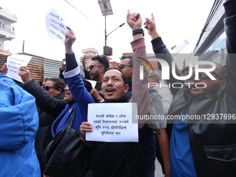 Members of the Congress Reform Campaign (Under-40) stage a protest outside the Nepali Congress headquarters in Lalitpur, Nepal, on November... by Sanjit Pariyar/NurPhoto