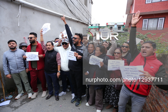 Members of the Congress Reform Campaign (Under-40) stage a protest outside the Nepali Congress headquarters in Lalitpur, Nepal, on November... by Sanjit Pariyar/NurPhoto