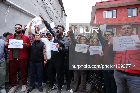 Members of the Congress Reform Campaign (Under-40) stage a protest outside the Nepali Congress headquarters in Lalitpur, Nepal, on November... by Sanjit Pariyar/NurPhoto