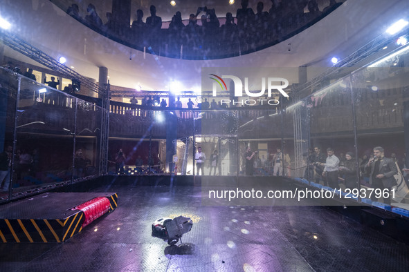 Two robots compete in the Robot Warriors competition during Iran's 2025 Tech Olympics at Pardis Technology Park, east of Tehran, Iran, on Oc... by Morteza Nikoubazl/NurPhoto