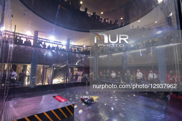Two robots compete in the Robot Warriors competition during Iran's 2025 Tech Olympics at Pardis Technology Park, east of Tehran, Iran, on Oc... by Morteza Nikoubazl/NurPhoto