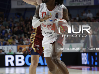 IKE IROEGBU of Openjobmetis Varese plays against LEONARDO CANDI of Umana Reyer during the Italian LBA basketball championship match between... by Mattia Radoni/NurPhoto